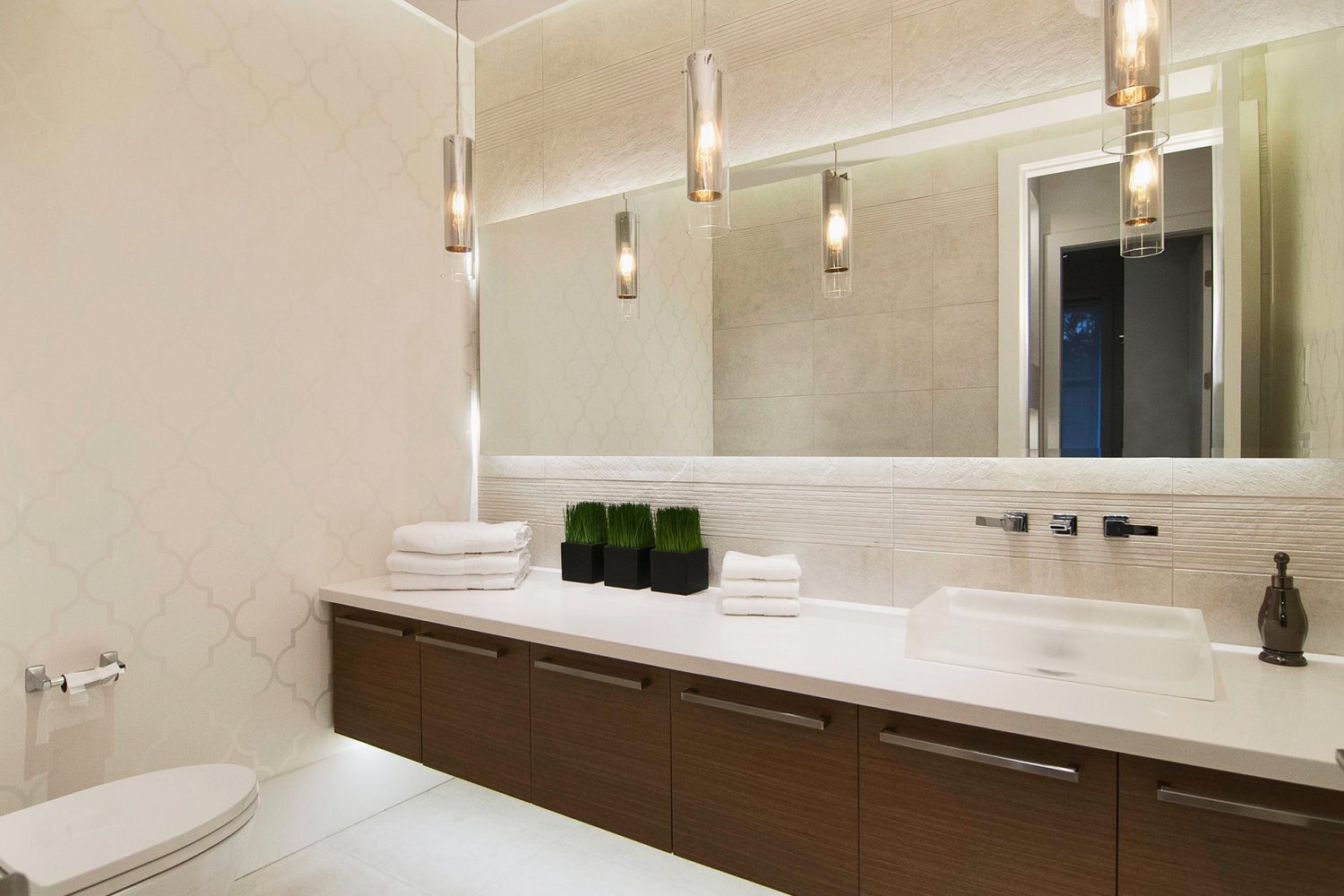 Forest interior designed bathroom with custom vanity designed by Midland Premium Properties in Vancouver, BC